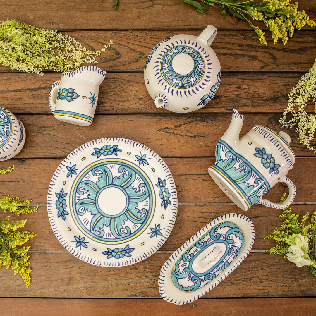 Turquoise and White Ceramic Coffee Pot - Quehueche