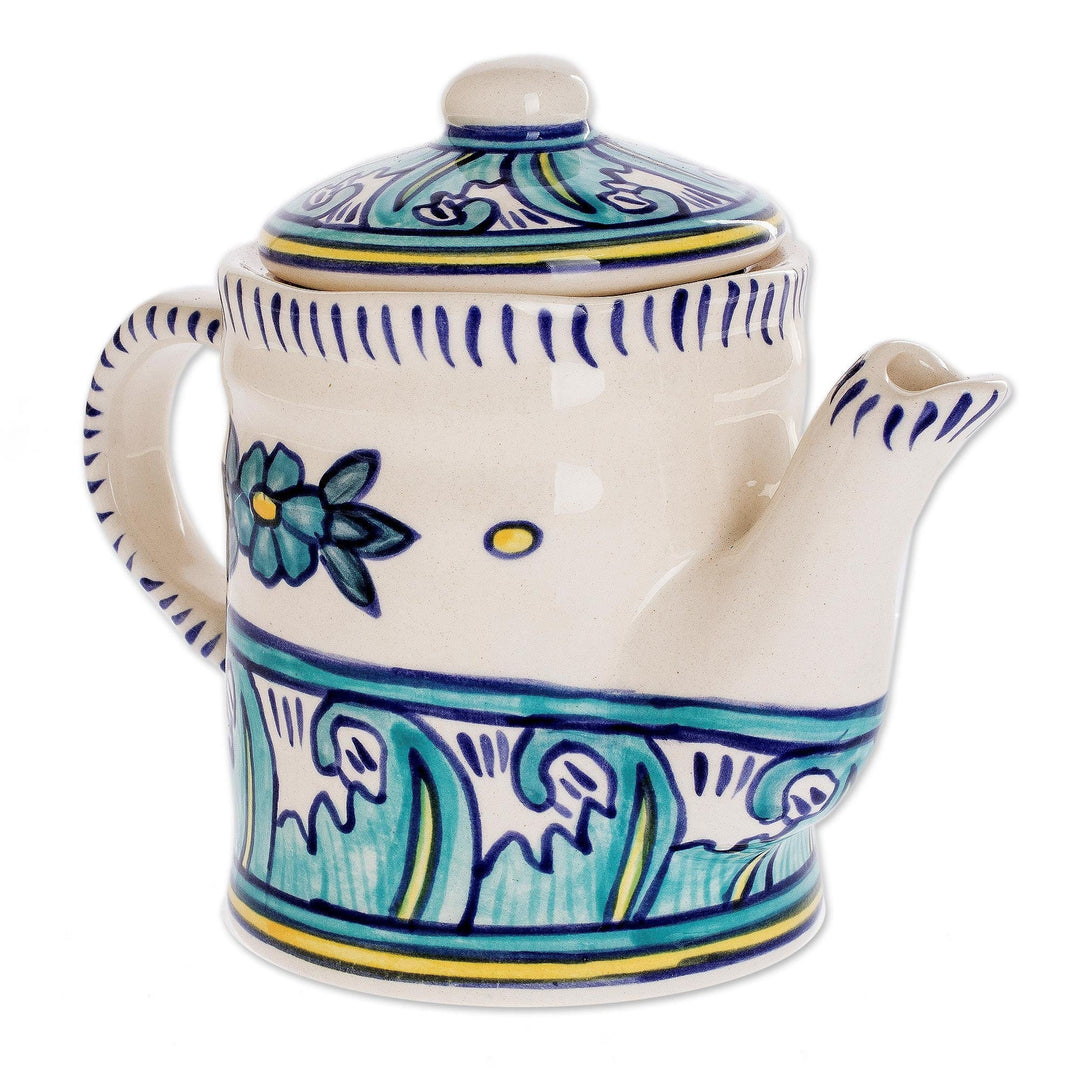 Turquoise and White Ceramic Coffee Pot - Quehueche