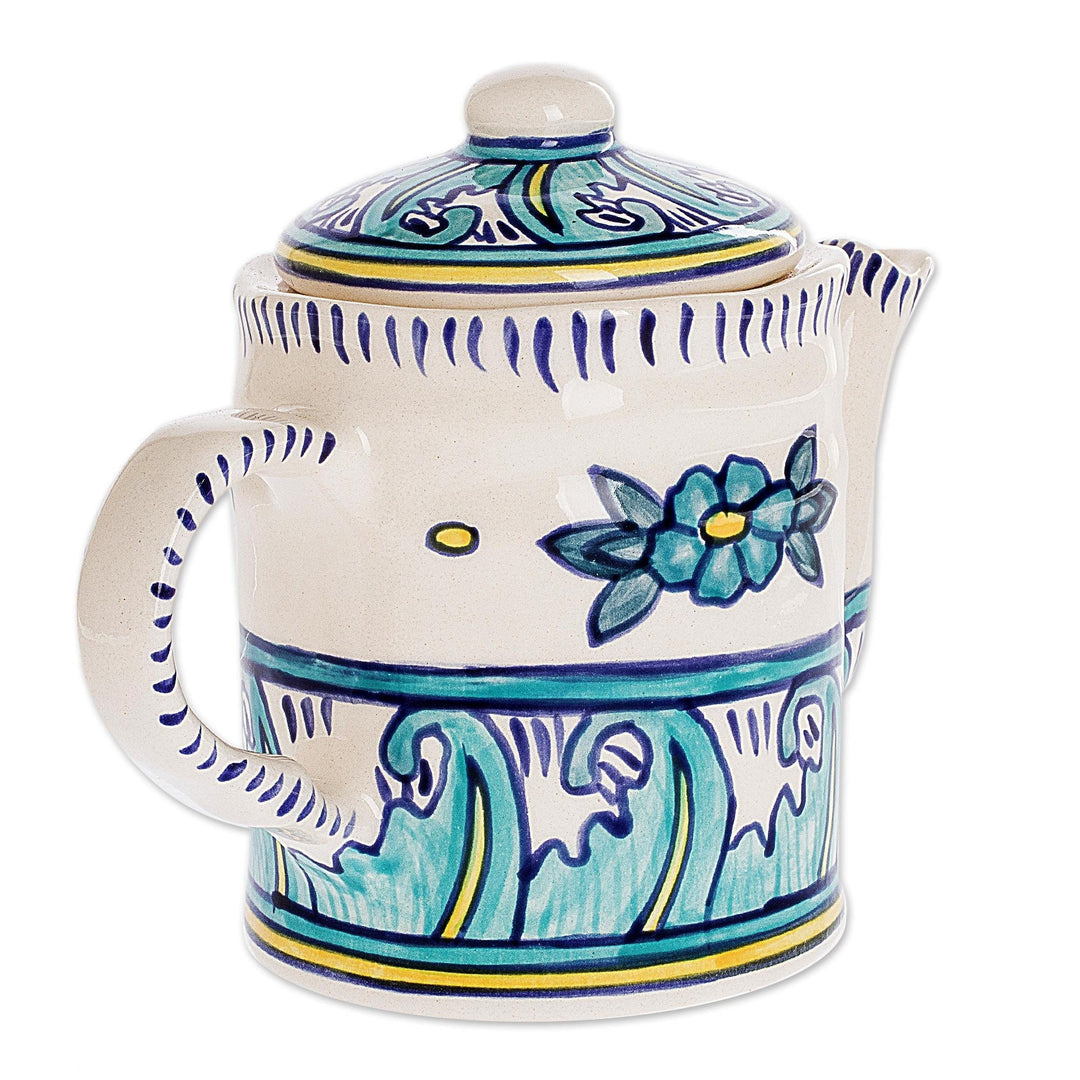 Turquoise and White Ceramic Coffee Pot - Quehueche