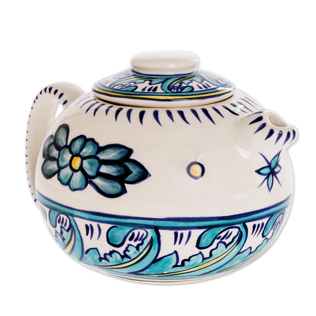 Ceramic White and Turquoise Teapot - Quehueche