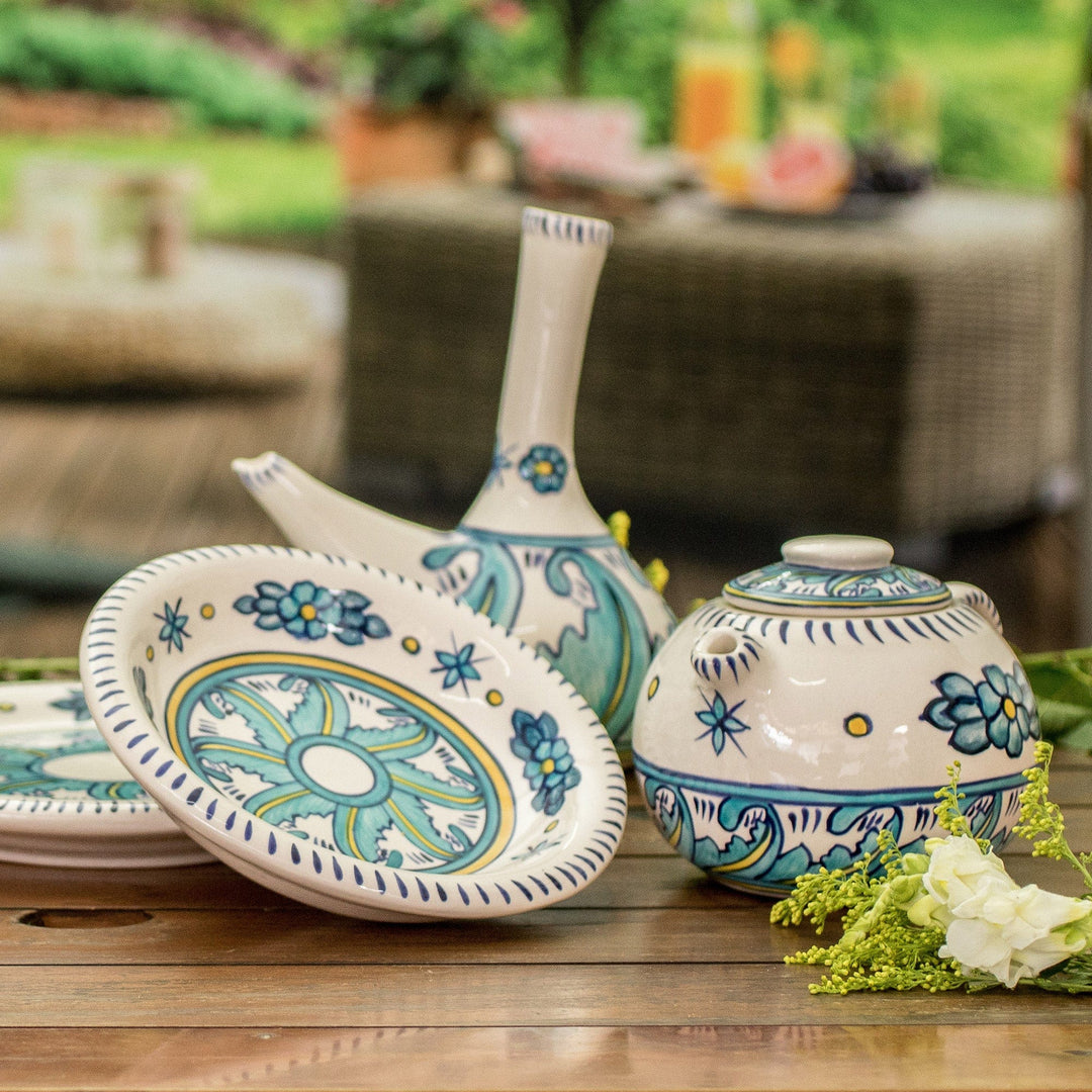 Ceramic White and Turquoise Teapot - Quehueche