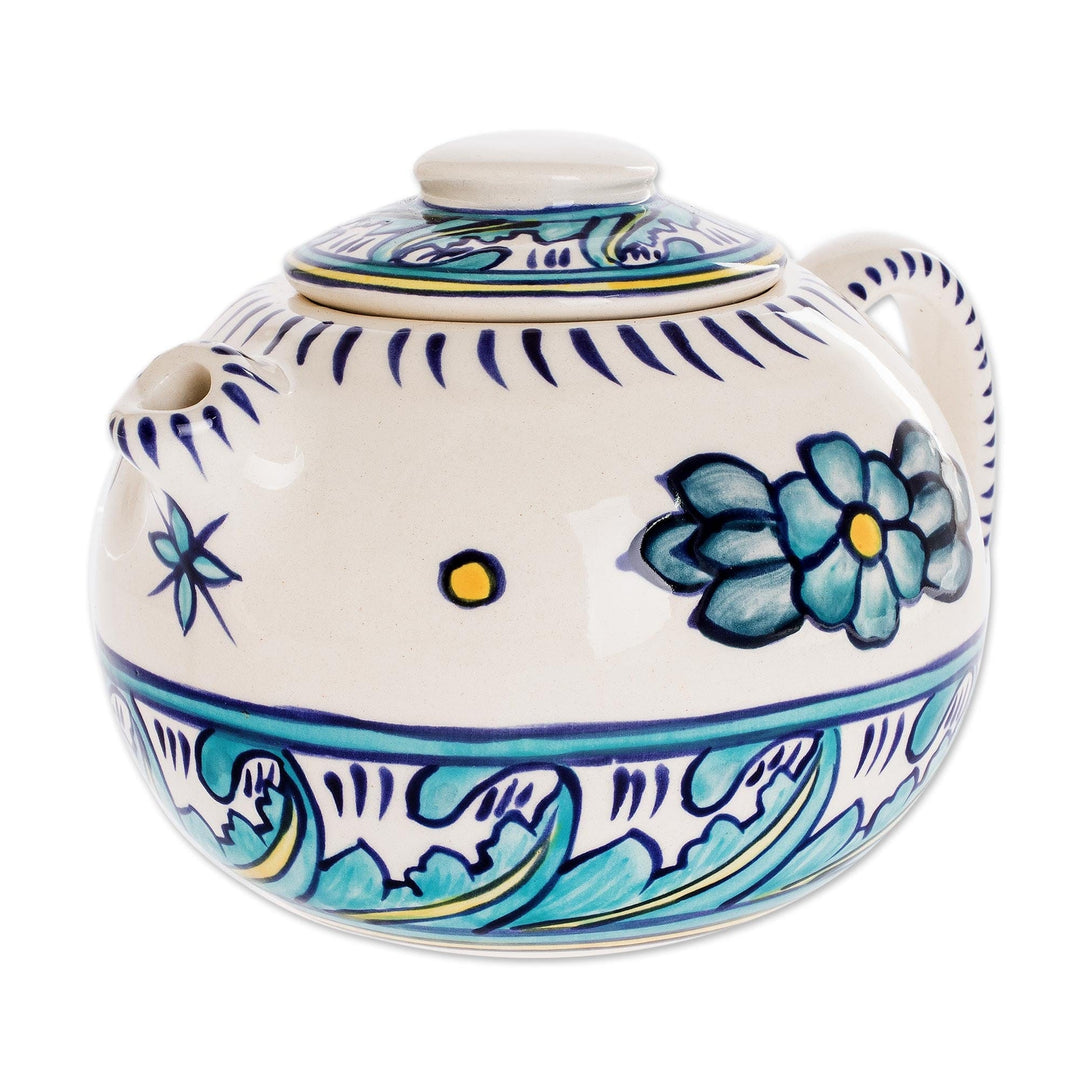 Ceramic White and Turquoise Teapot - Quehueche
