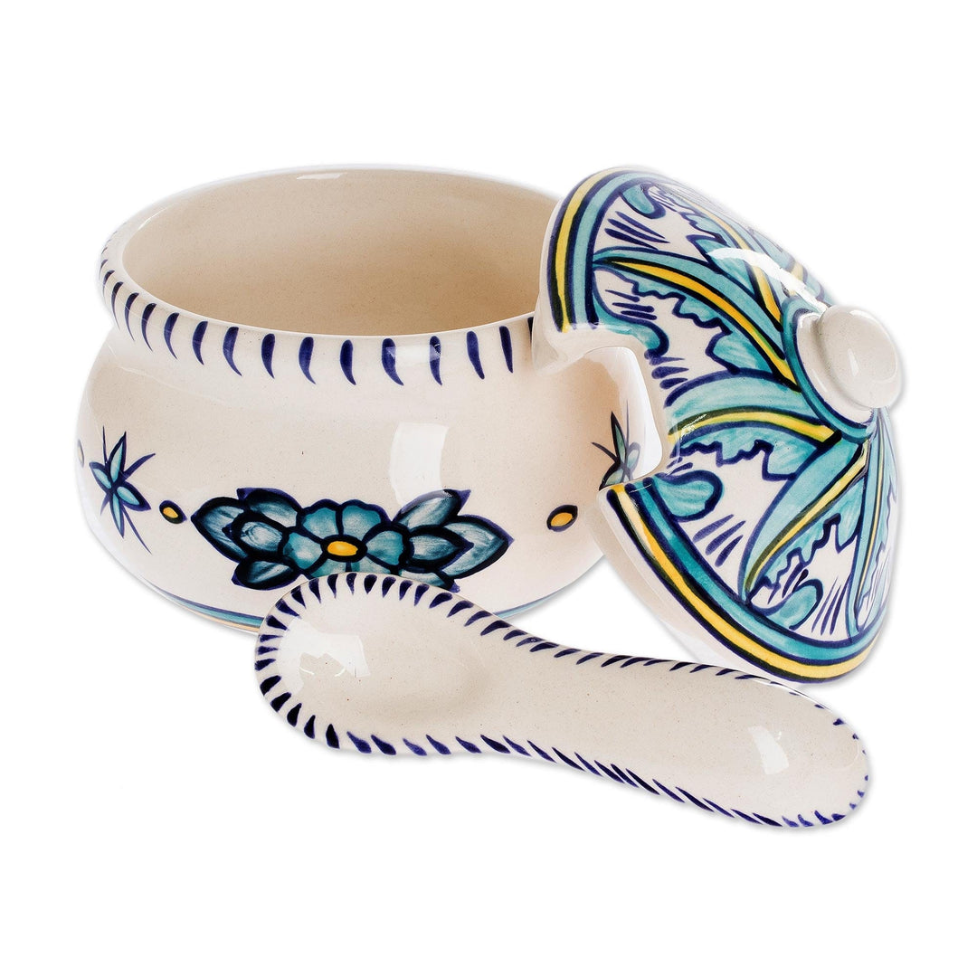 Ceramic Sugar Bowl and Spoon Matching Spoon - Quehueche
