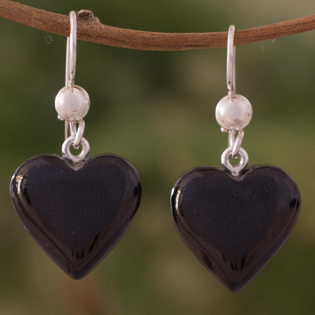 Black Heart Shaped Jade Silver Dangle Earrings Guatemala - Mayan Heart in Black