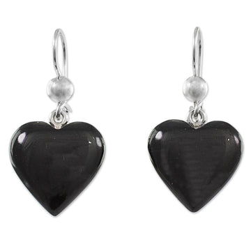 Black Heart Shaped Jade Silver Dangle Earrings Guatemala - Mayan Heart in Black