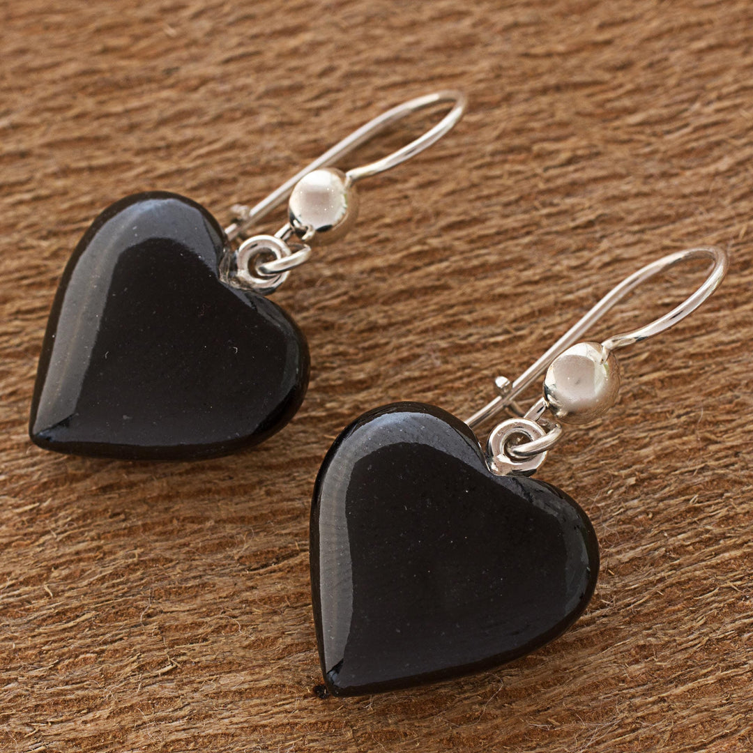 Black Heart Shaped Jade Silver Dangle Earrings Guatemala - Mayan Heart in Black