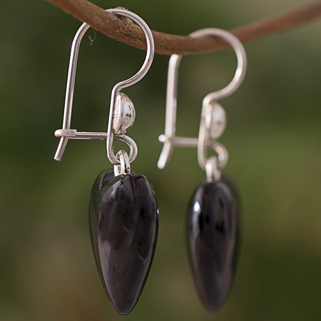 Black Heart Shaped Jade Silver Dangle Earrings Guatemala - Mayan Heart in Black