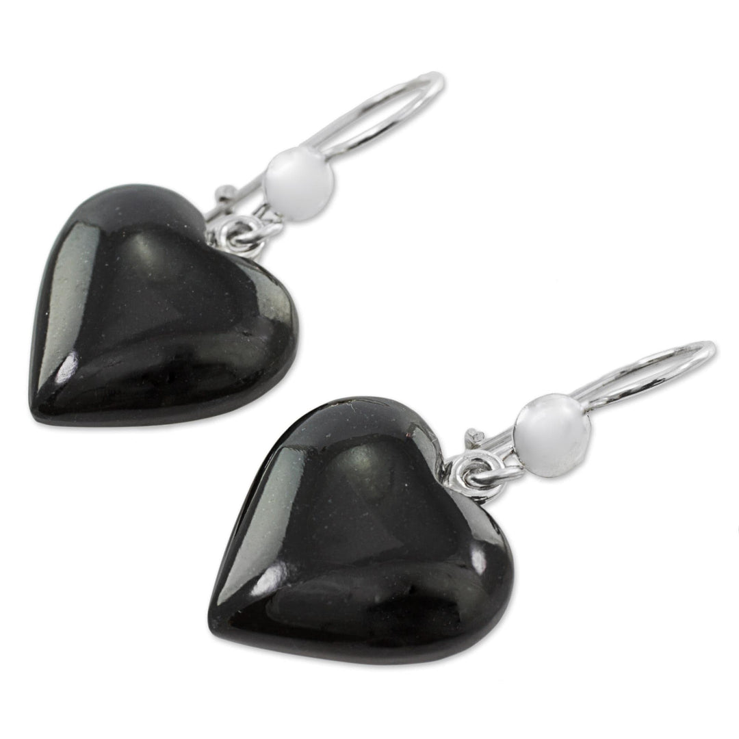 Black Heart Shaped Jade Silver Dangle Earrings Guatemala - Mayan Heart in Black