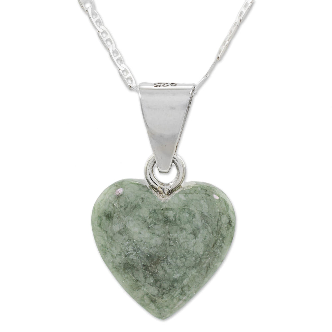Light Green Jade Silver Heart Pendant Necklace Guatemala - Mayan Heart in Light Green
