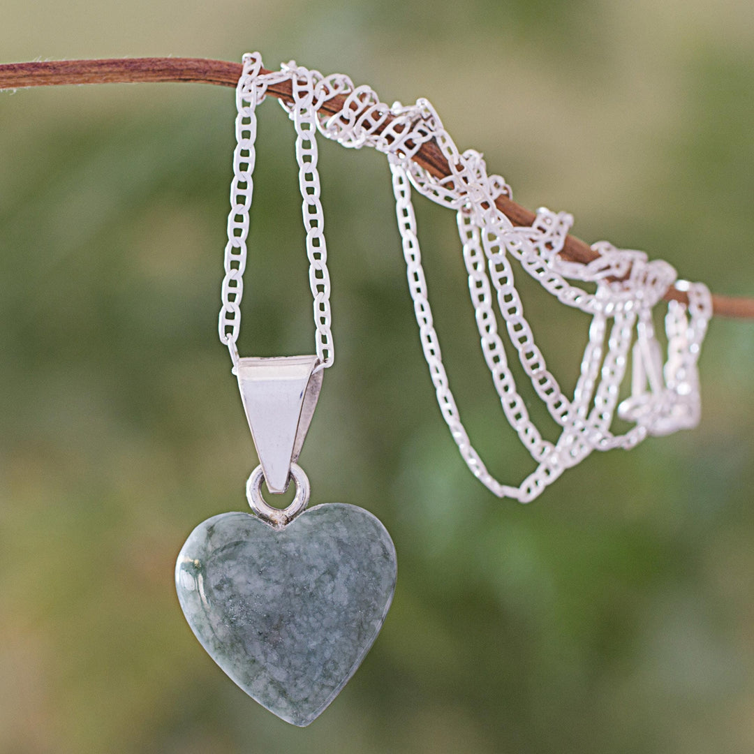 Light Green Jade Silver Heart Pendant Necklace Guatemala - Mayan Heart in Light Green