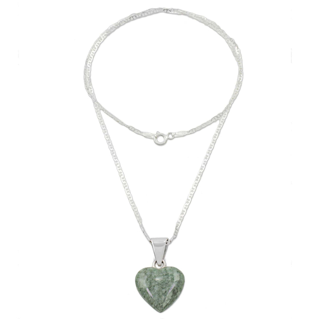 Light Green Jade Silver Heart Pendant Necklace Guatemala - Mayan Heart in Light Green