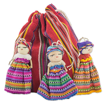 Hand Made Cotton Figurines and Bag (Set of 12) Guatemala - Worry Doll Dancers