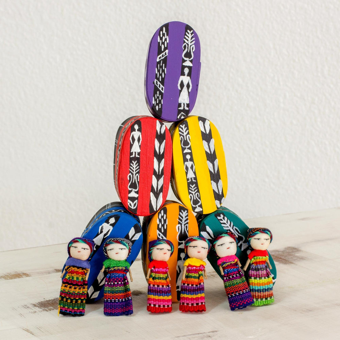 Six Cotton Worry Dolls and Pinewood Boxes from Guatemala - Country Treasures