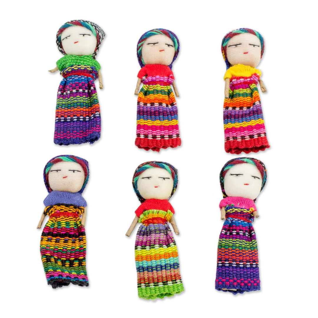 Six Cotton Worry Dolls and Pinewood Boxes from Guatemala - Country Treasures