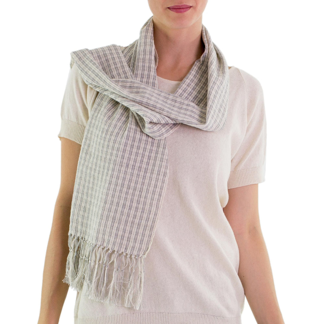 Pale Ecru and Blue Spruce Cotton Scarf - Natural Combination in Blue