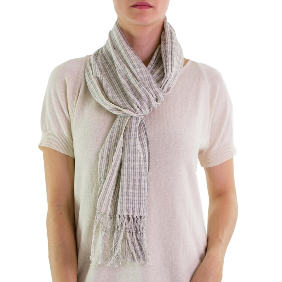 Pale Ecru and Blue Spruce Cotton Scarf - Natural Combination in Blue