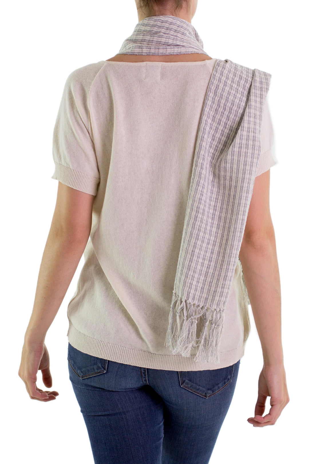 Pale Ecru and Blue Spruce Cotton Scarf - Natural Combination in Blue