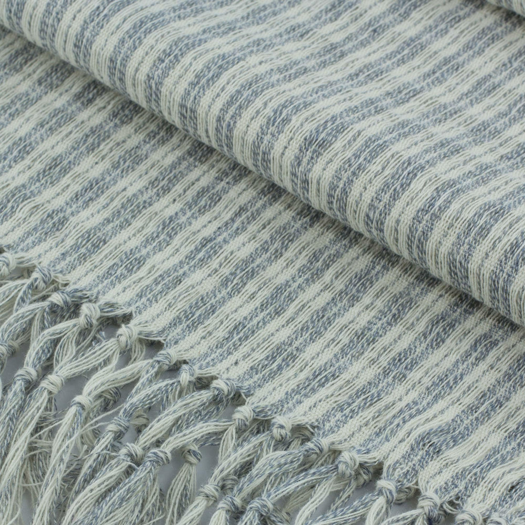 Pale Ecru and Blue Spruce Cotton Scarf - Natural Combination in Blue