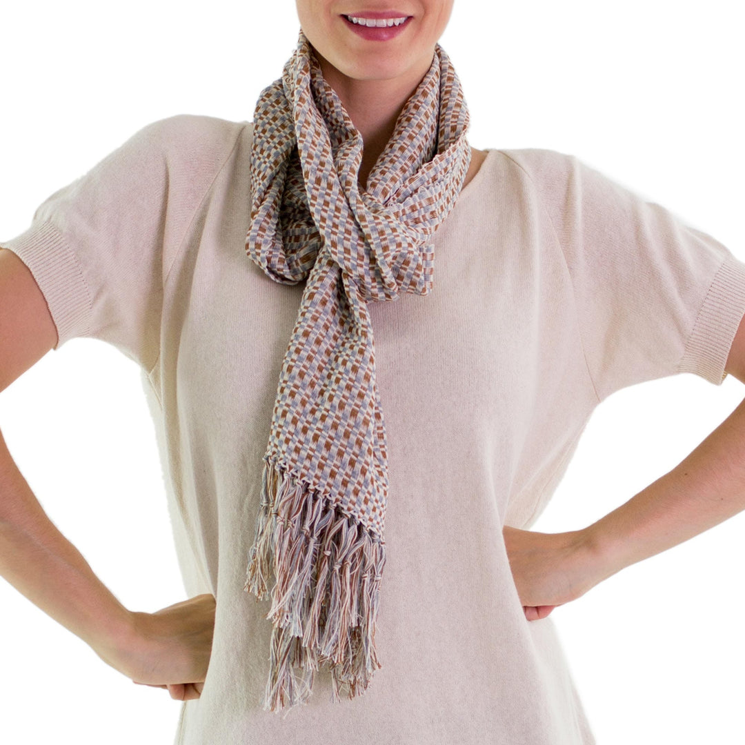 Saddle Brown Steel Blue Cotton Scarf - Natural Combination