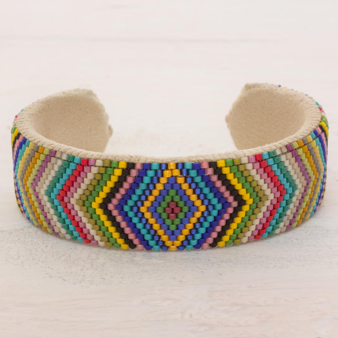 Glass Beaded Cuff Bracelet Rhombus Motif from El Salvador - Sun's Path