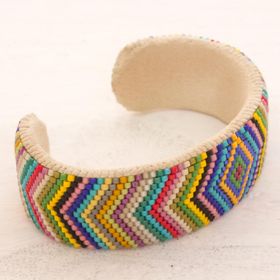 Glass Beaded Cuff Bracelet Rhombus Motif from El Salvador - Sun's Path