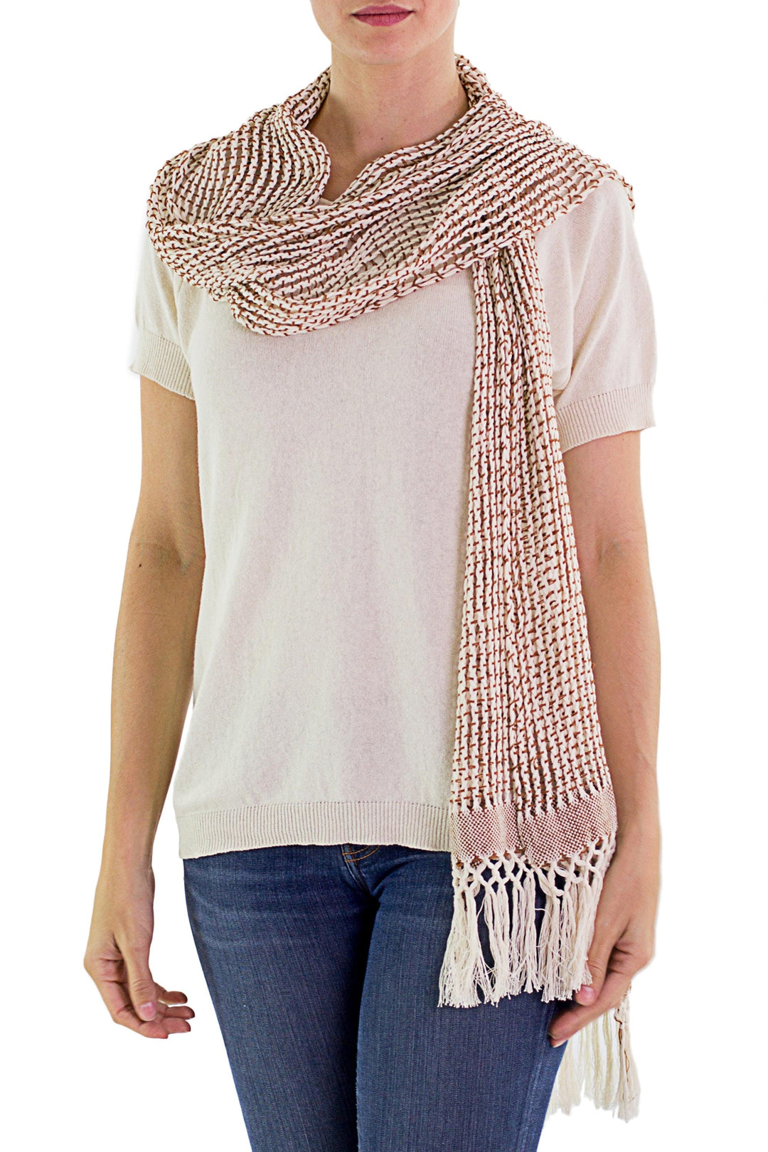 Hand Woven Cotton Scarf Champagne Sepia - Subtle Illusion in Sepia