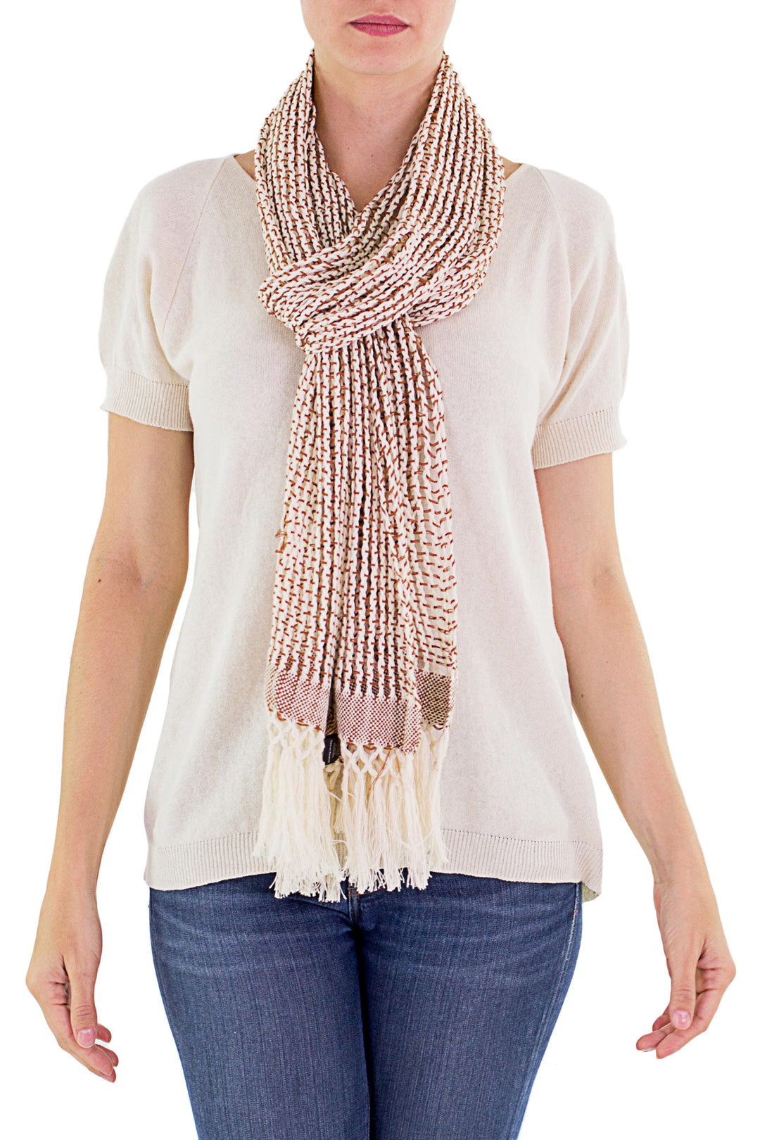 Hand Woven Cotton Scarf Champagne Sepia - Subtle Illusion in Sepia
