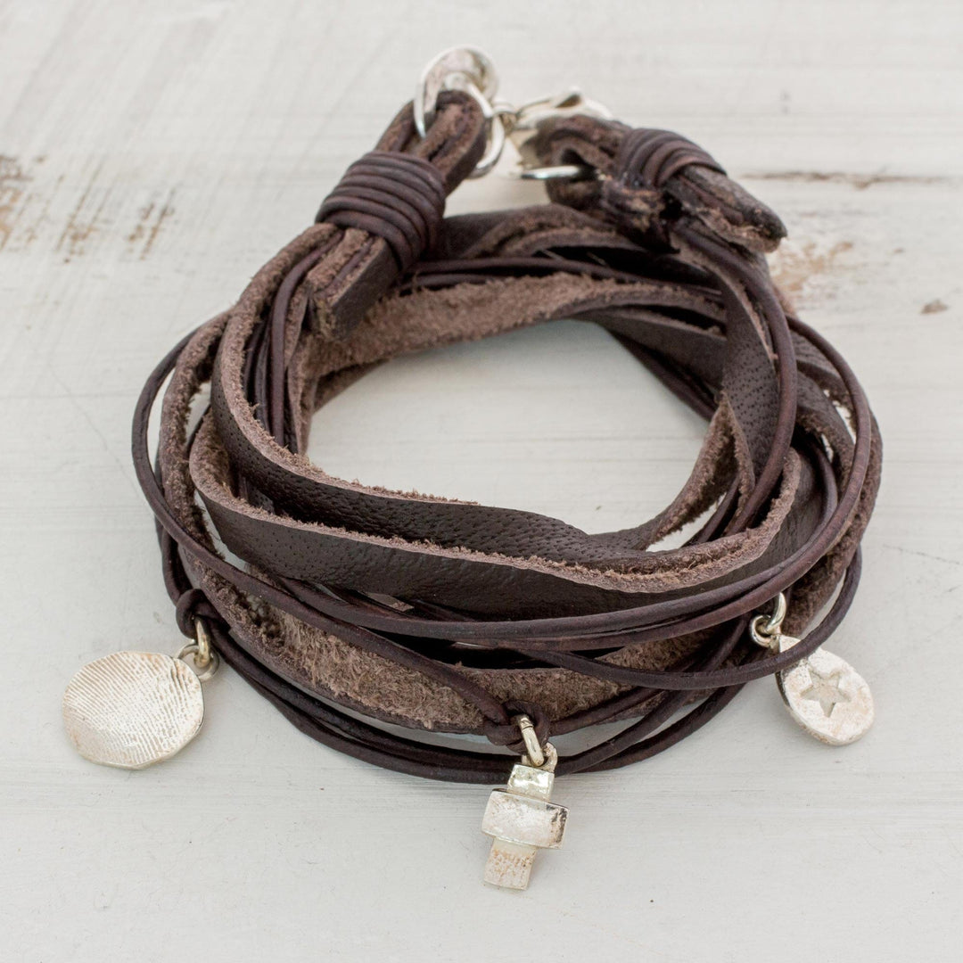 Leather Fine Silver Wrap Charm Bracelet from Guatemala - Stellar Imprint