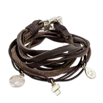 Leather Fine Silver Wrap Charm Bracelet from Guatemala - Stellar Imprint