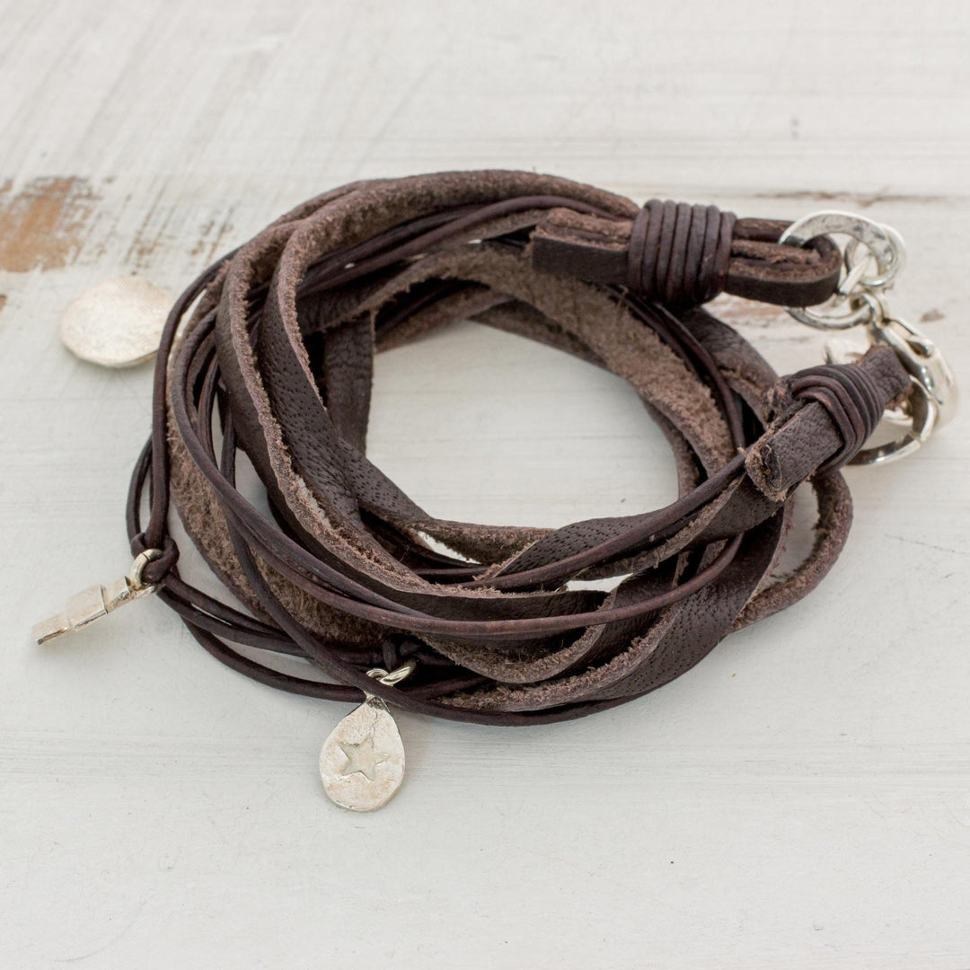 Leather Fine Silver Wrap Charm Bracelet from Guatemala - Stellar Imprint