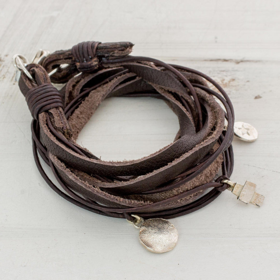 Leather Fine Silver Wrap Charm Bracelet from Guatemala - Stellar Imprint