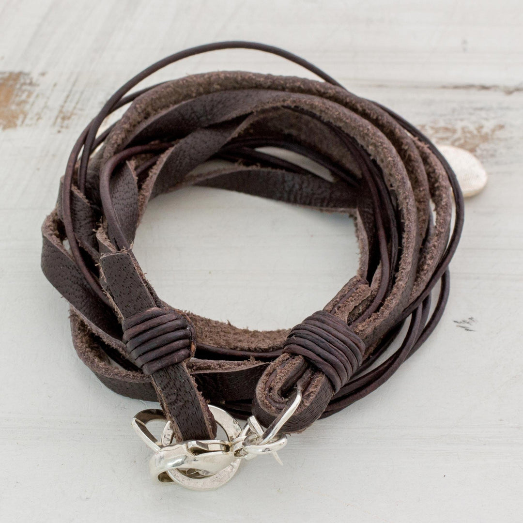 Leather Fine Silver Wrap Charm Bracelet from Guatemala - Stellar Imprint