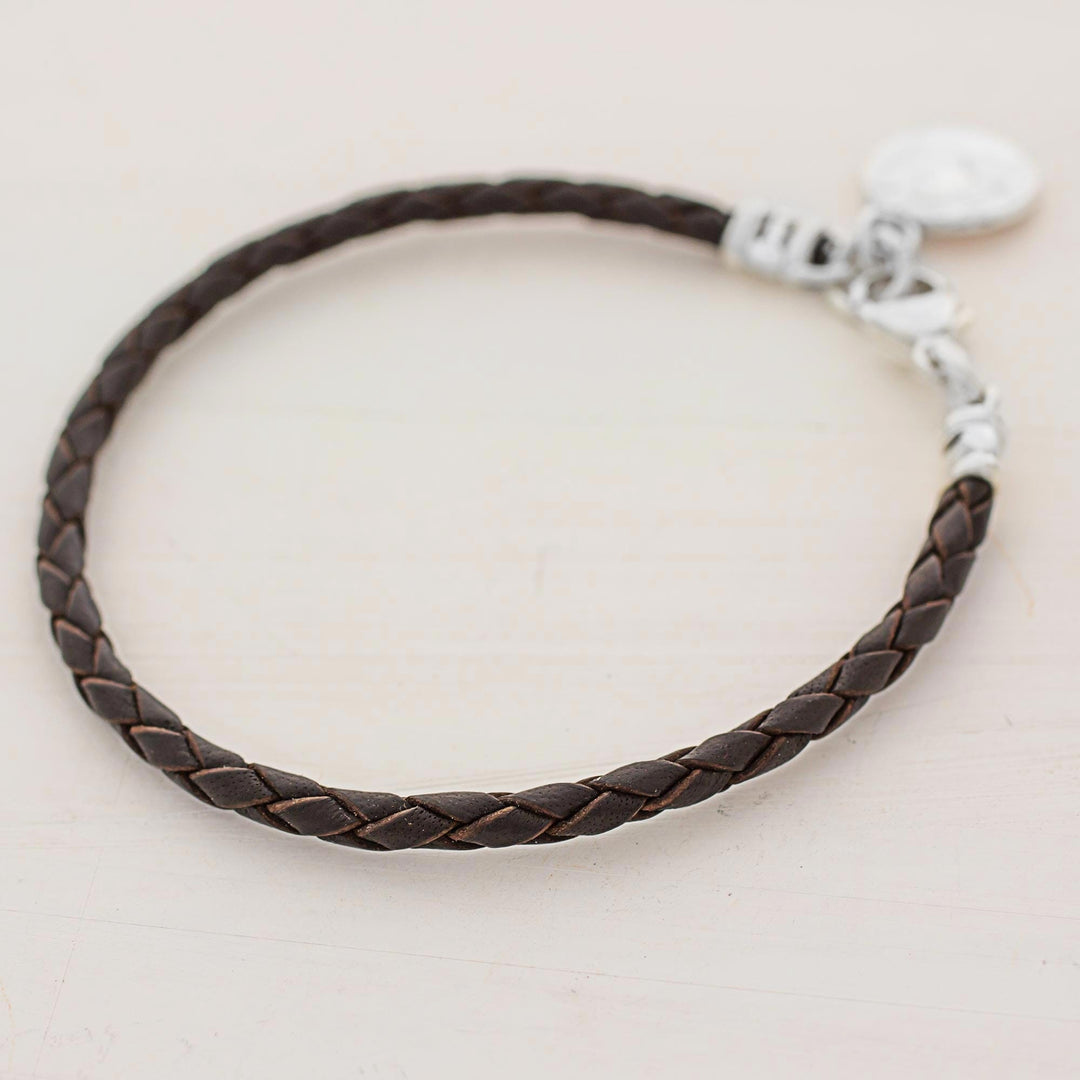 Fine Silver Brown Leather Charm Wristband Bracelet Guatemala - Walk of Life in Brown