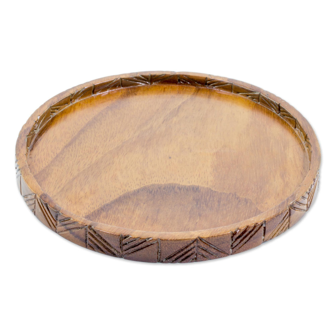 Hand Carved Round Conacaste Wood Tray from Guatemala - Natural Circle