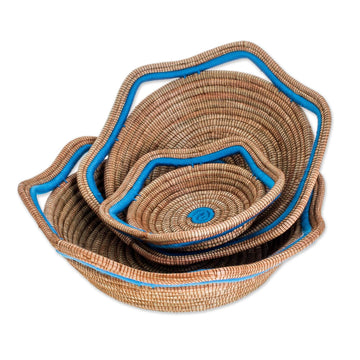 Set of 3 Nicaraguan Blue Trim Pine Needle Baskets - River Waves