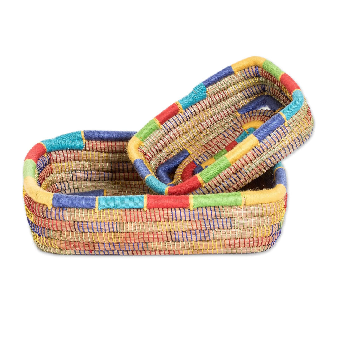 Two Rainbow Trim Nicaraguan Handwoven Pine Needle Baskets - Multicolored Managua