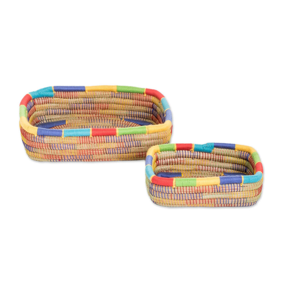 Two Rainbow Trim Nicaraguan Handwoven Pine Needle Baskets - Multicolored Managua