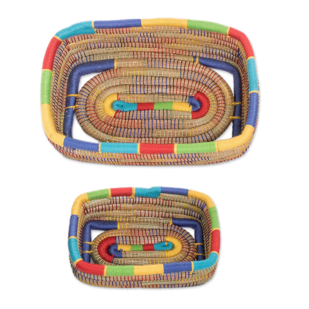 Two Rainbow Trim Nicaraguan Handwoven Pine Needle Baskets - Multicolored Managua