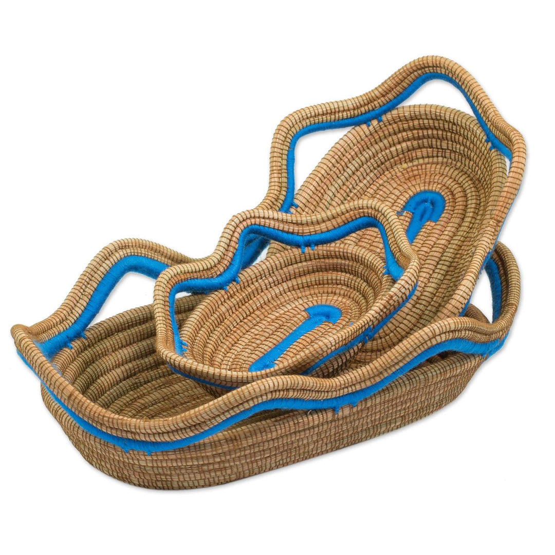 Set of 3 Blue Accent Pine Needle Baskets - Wavy Ocean