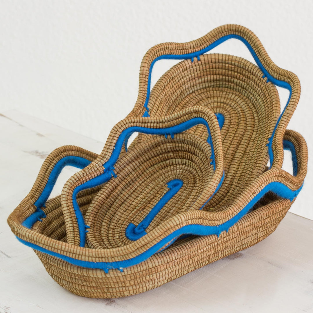 Set of 3 Blue Accent Pine Needle Baskets - Wavy Ocean