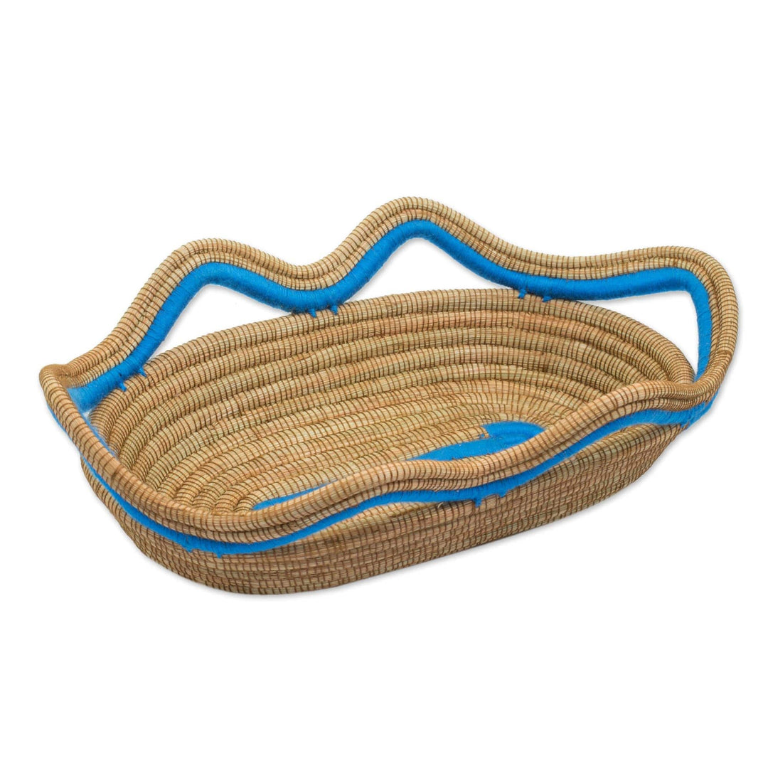 Set of 3 Blue Accent Pine Needle Baskets - Wavy Ocean