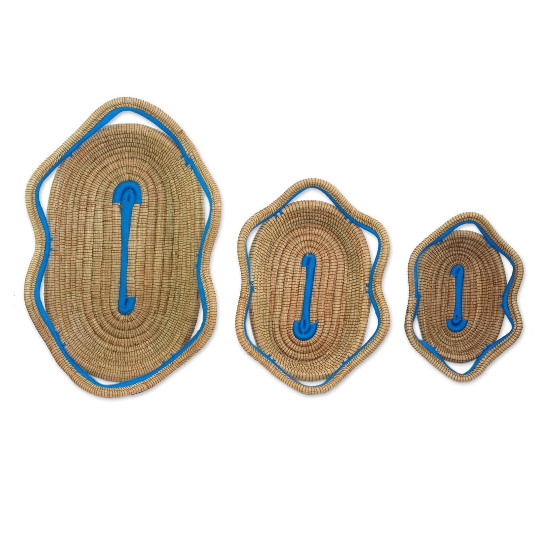 Set of 3 Blue Accent Pine Needle Baskets - Wavy Ocean
