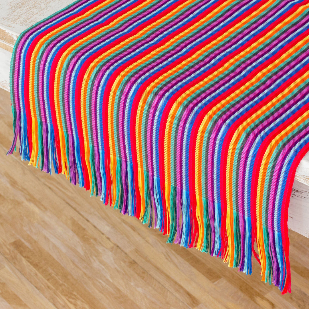 Multicolor Striped Cotton Table Runner from Guatemala - Rainbow Colors