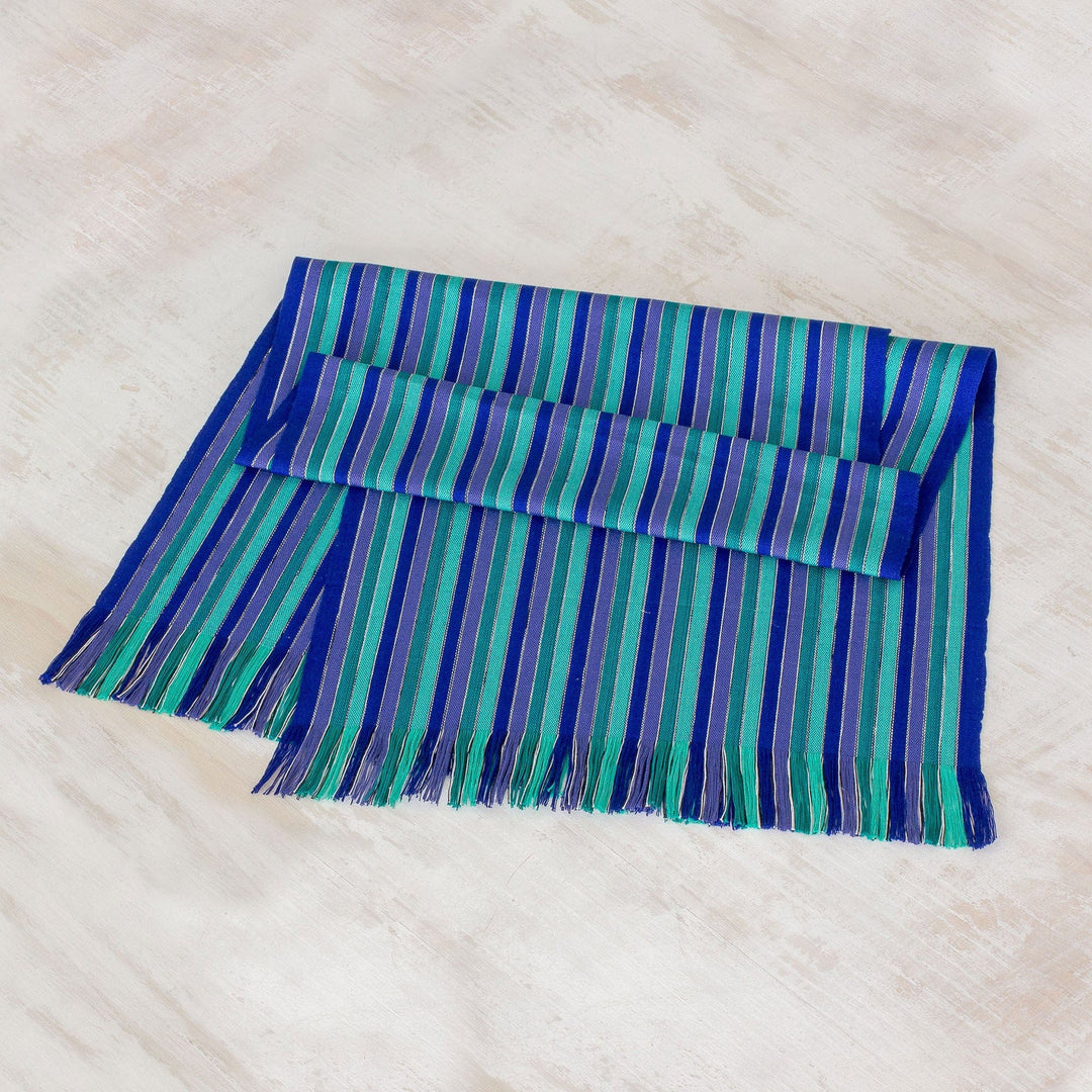Blue and Green Striped 100% Cotton Table Runner - Ocean Memory