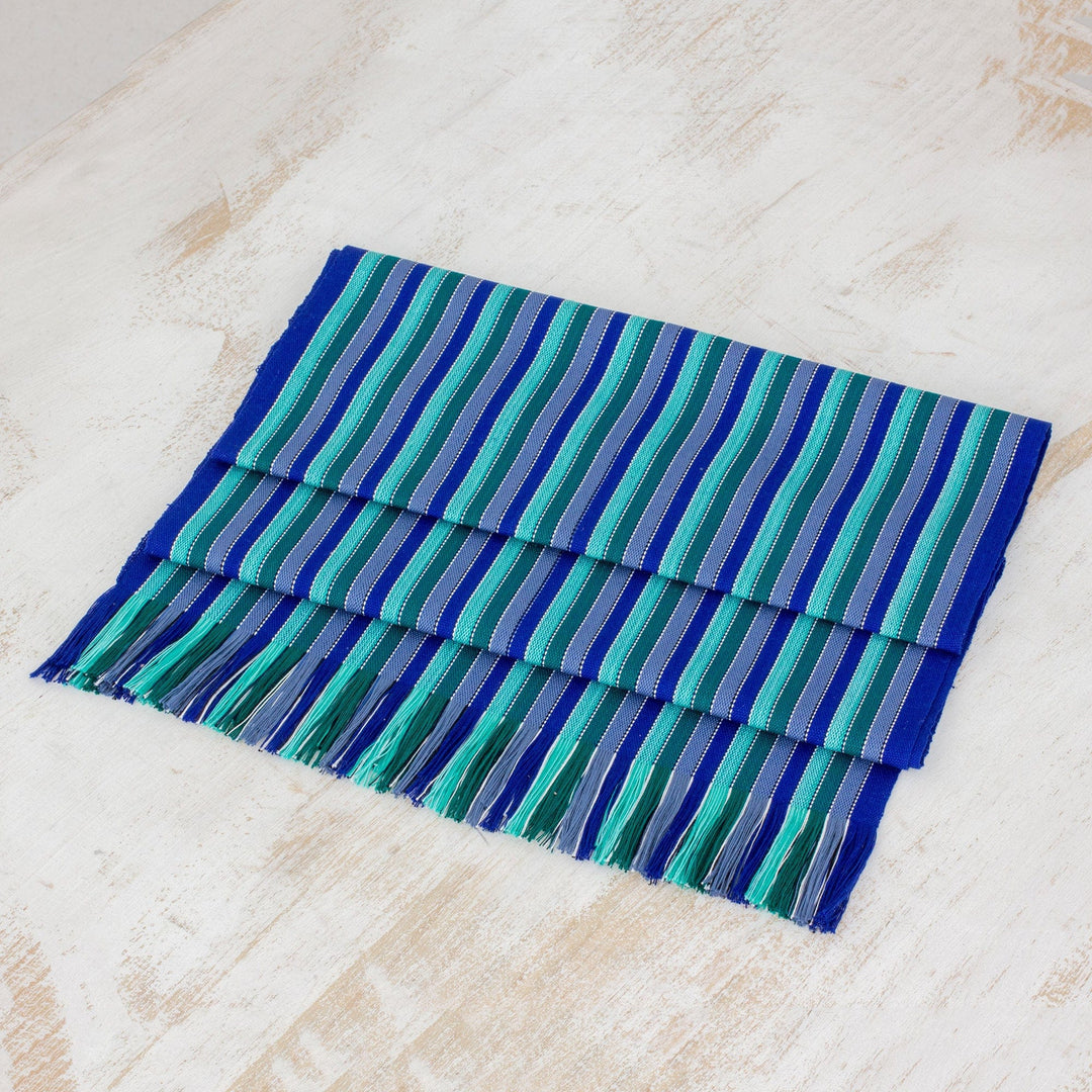 Blue and Green Striped 100% Cotton Table Runner - Ocean Memory