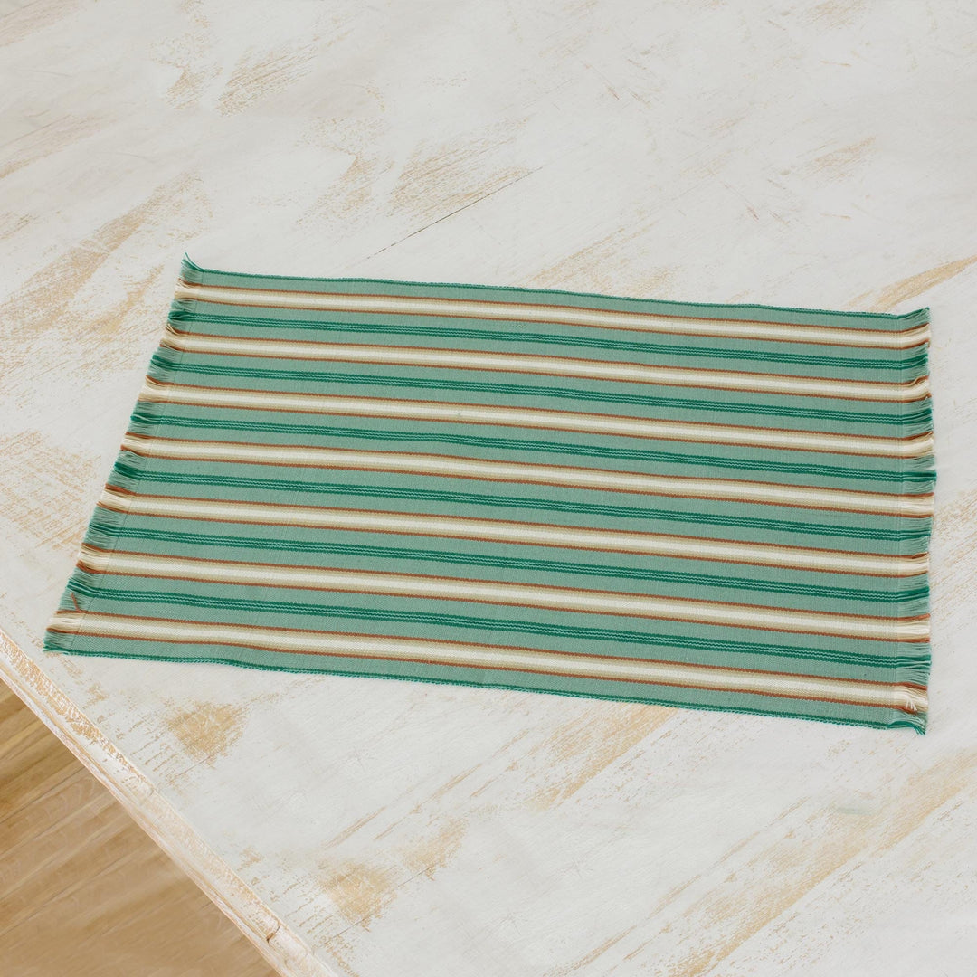 Six Striped Cotton Placemats in Celadon from Guatemala - Celadon Trails