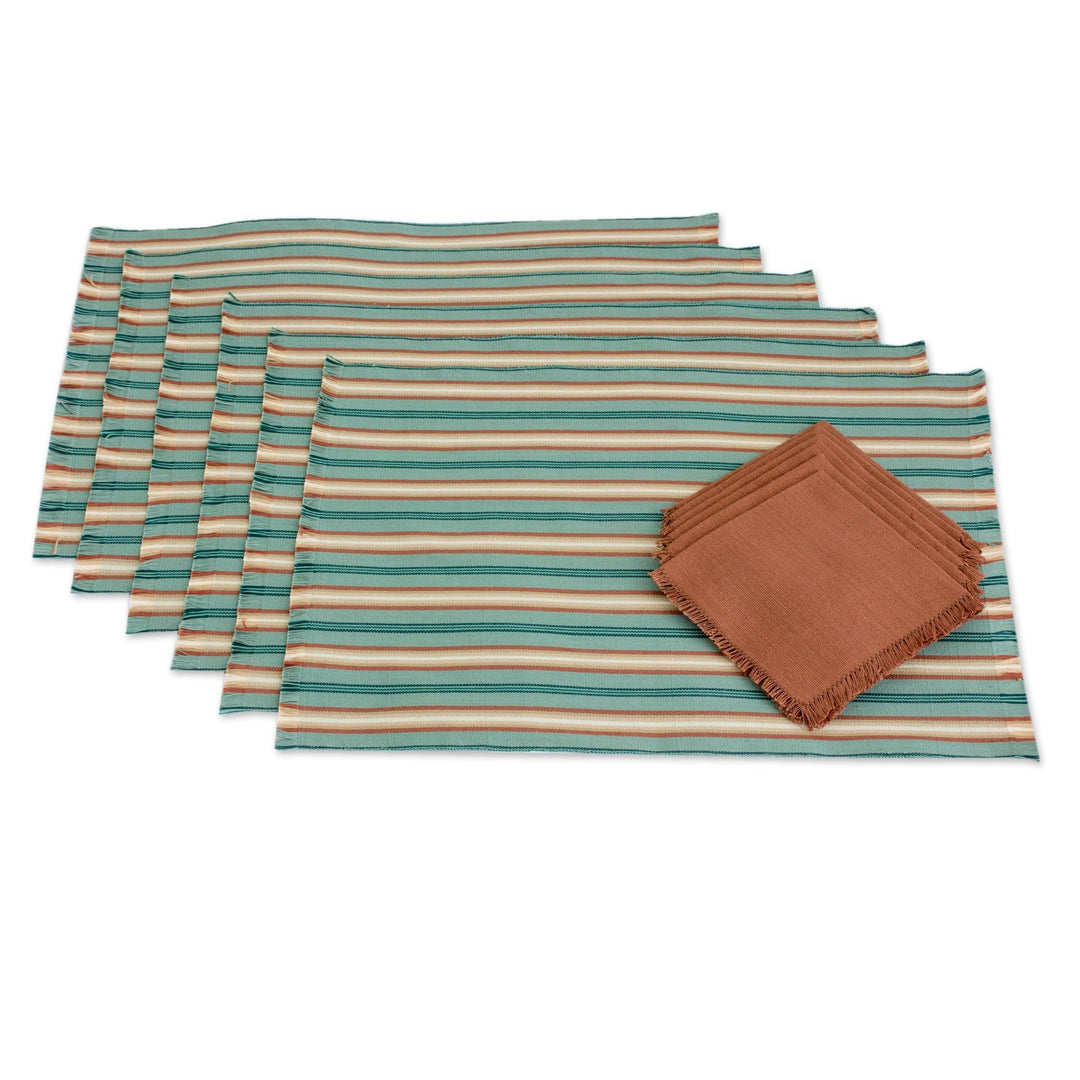 Six Cotton Placemats and Napkins in Celadon and Russet - Celadon Trails
