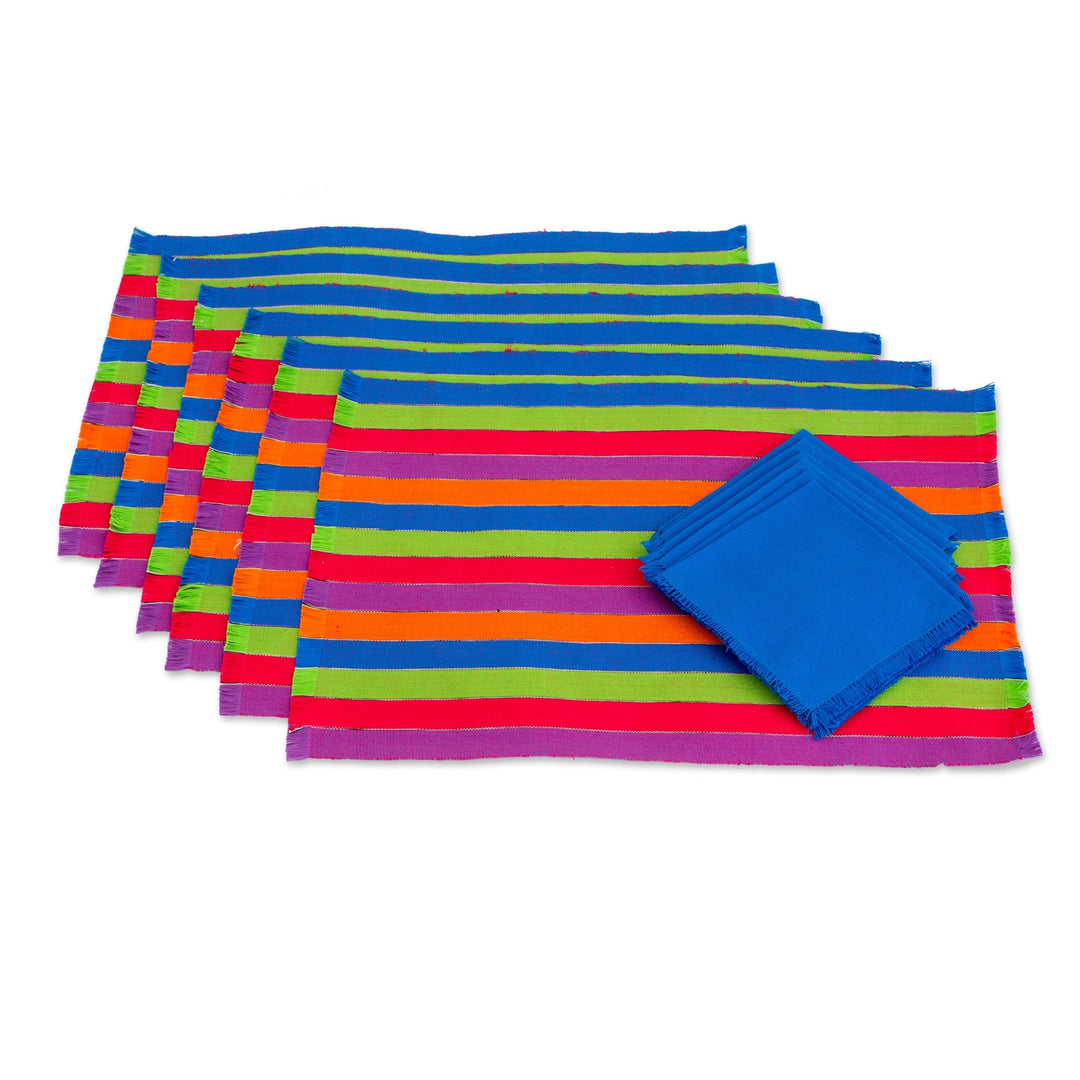 Six Multicolored Striped Cotton Placemats and Napkins - Harvest Trails
