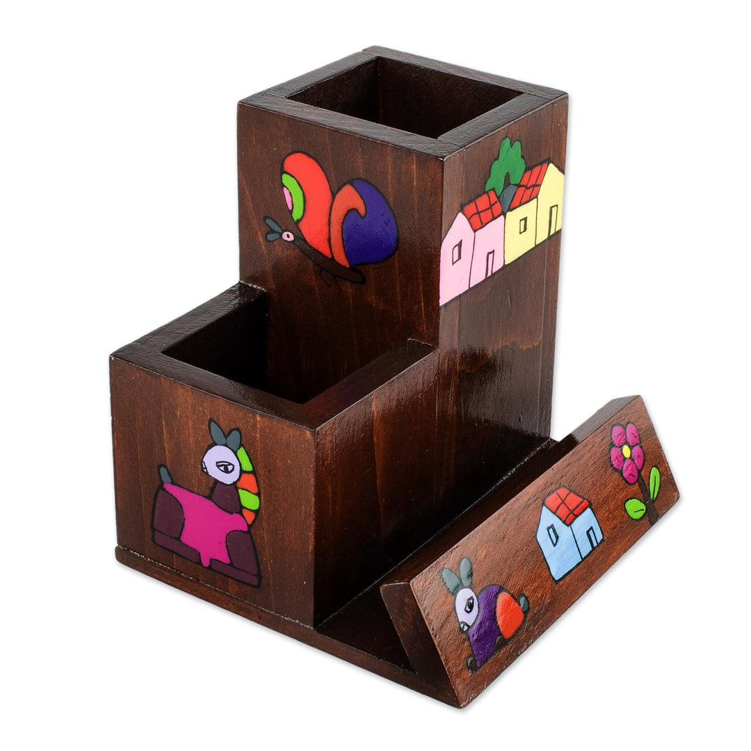 Handpainted Wood Desk Organizer - Flora and Fauna