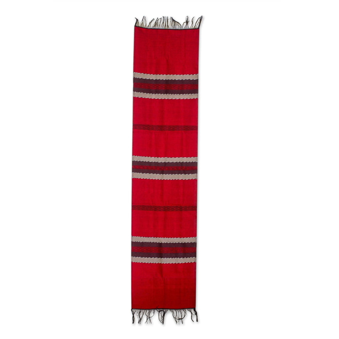 Black and Red Table Runner Hand Loomed in Cotton - Trails of Totonicapan in Red